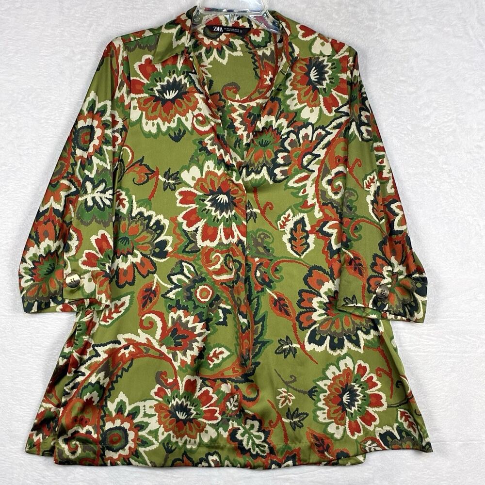 Zara Satin Tunic Shirt Womens XS Green Orange Floral Retro 70s Festival Hippie